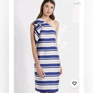 Banana Republic Satin One Shoulder Ruffled Striped Dress Blue Ivory Size 6